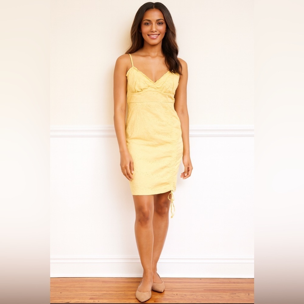 Mable Yellow Eyelet Cotton Mini Dress. Size-Small